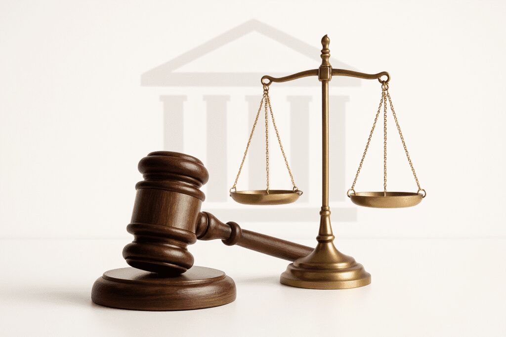 The scales of justice and a judge's gavel symbolize the fairness and legal process at the heart of family law in Delhi