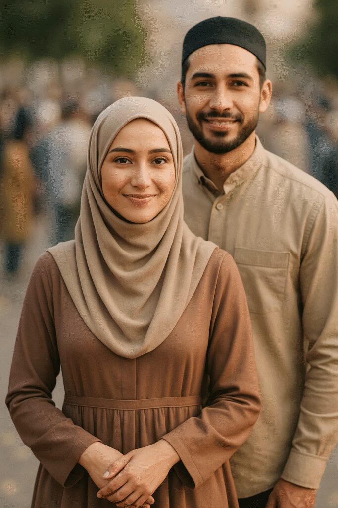 Beautiful Muslim lady in hijab with husband, standing before a blurry crowd, illustrating Muslim divorce law