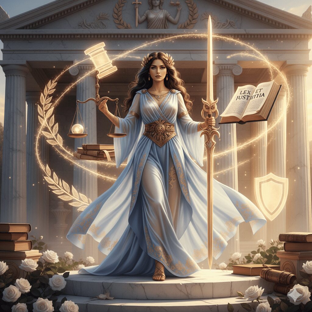 Goddess of Law, holding the Scales of Justice and a sword, symbolizing legal authority and rights