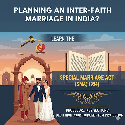 Image promoting legal guidance on inter-faith marriage under the Special Marriage Act 1954 in India, showing a couple, the SMA book, and a gavel.
