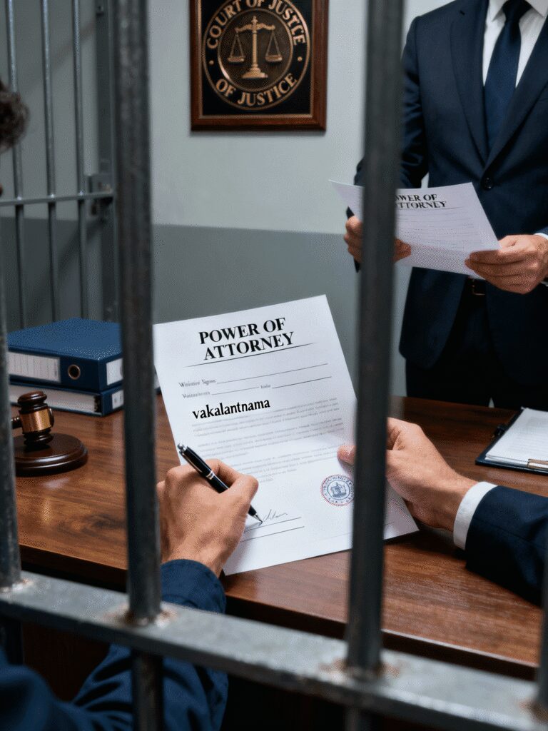 Person behind prison bars signing a vakalatnama (power of attorney) to a lawyer in a professional legal setting