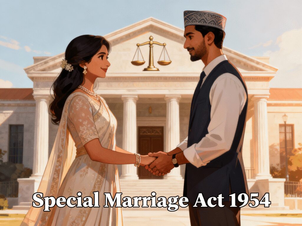 Illustration of an interfaith couple holding hands, symbolizing love and unity, with a background of a courthouse and scales of justice, representing legal protection under the Special Marriage Act 1954.