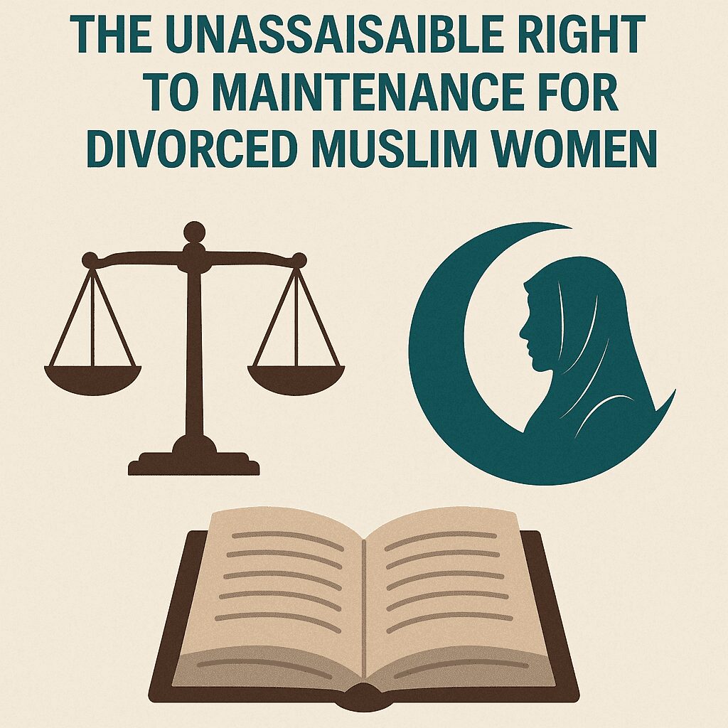 Illustration showing the theme ‘Unassailable Right to Maintenance for Divorced Muslim Women’, featuring balanced scales of justice, an open legal book, and a silhouette of a Muslim woman inside a crescent, symbolizing rights, dignity, and maintenance under Indian law.