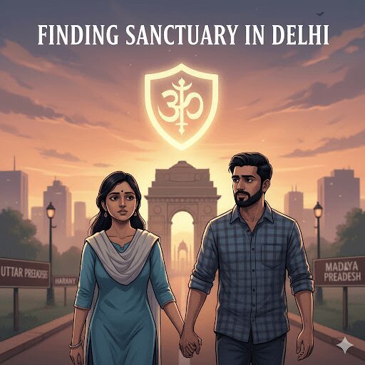 Image depicting an inter-faith couple seeking protection in Delhi, with the India Gate and signs for UP, Haryana, and MP visible, under a glowing shield symbol.