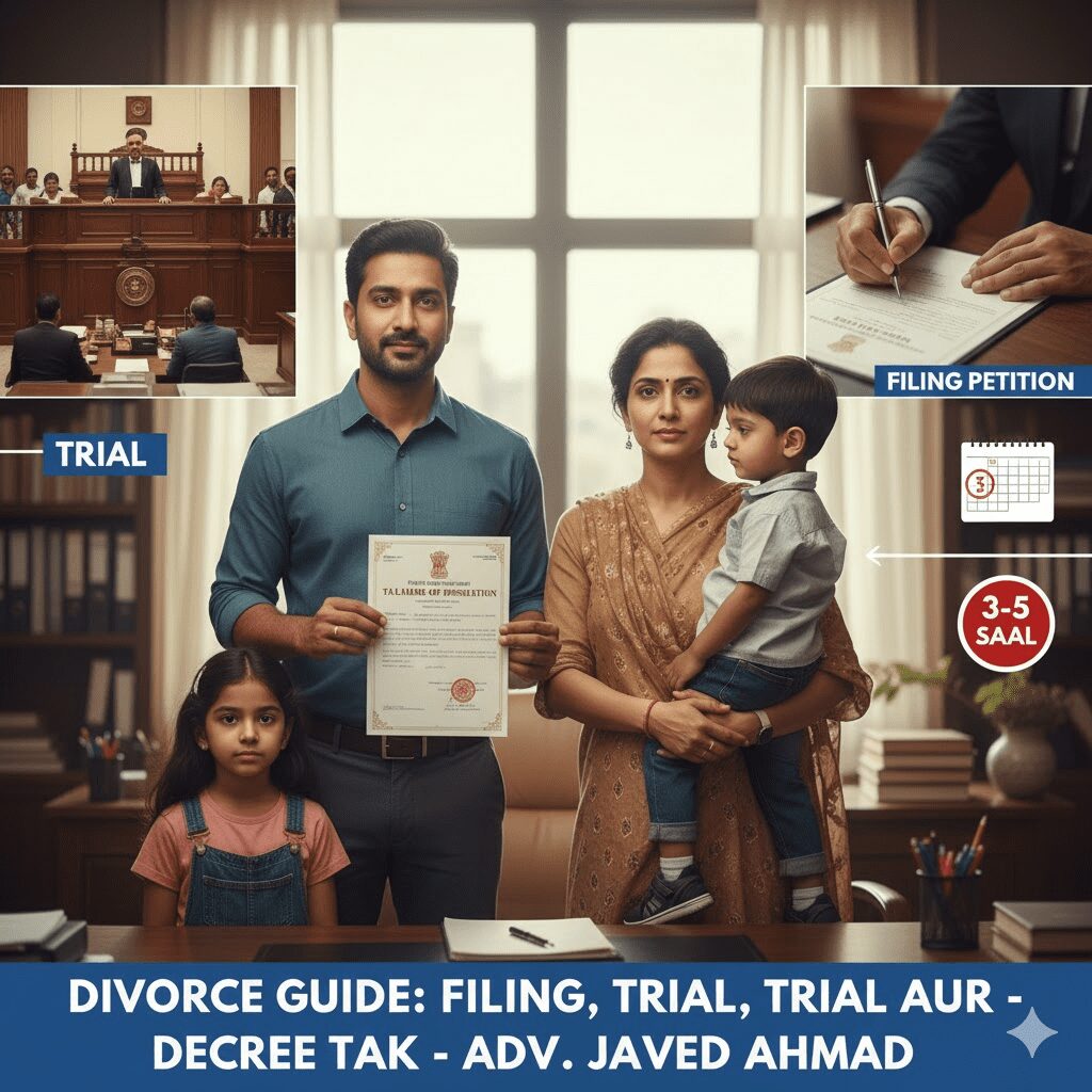 A composite image illustrating the process of divorce and its impact. The central part features a somber-looking Indian couple, a man and a woman, standing with their young daughter and a son in her arms, holding a document titled 'Talaq-e-Ijra (Dissolution of Marriage)'. Around them, smaller inset images depict different stages: in the top left, a courtroom scene showing a judge presiding over a trial; in the top right, a man's hand signing legal documents labeled 'Filing Petition'; and to the right, a calendar icon with '3-5 Saal' (3-5 Years) written next to it, signifying the duration of the process. The bottom of the image has a text overlay: 'DIVORCE GUIDE: FILING, TRIAL, TRIAL AUR - DECREE TAK - ADV. JAVED AHMAD