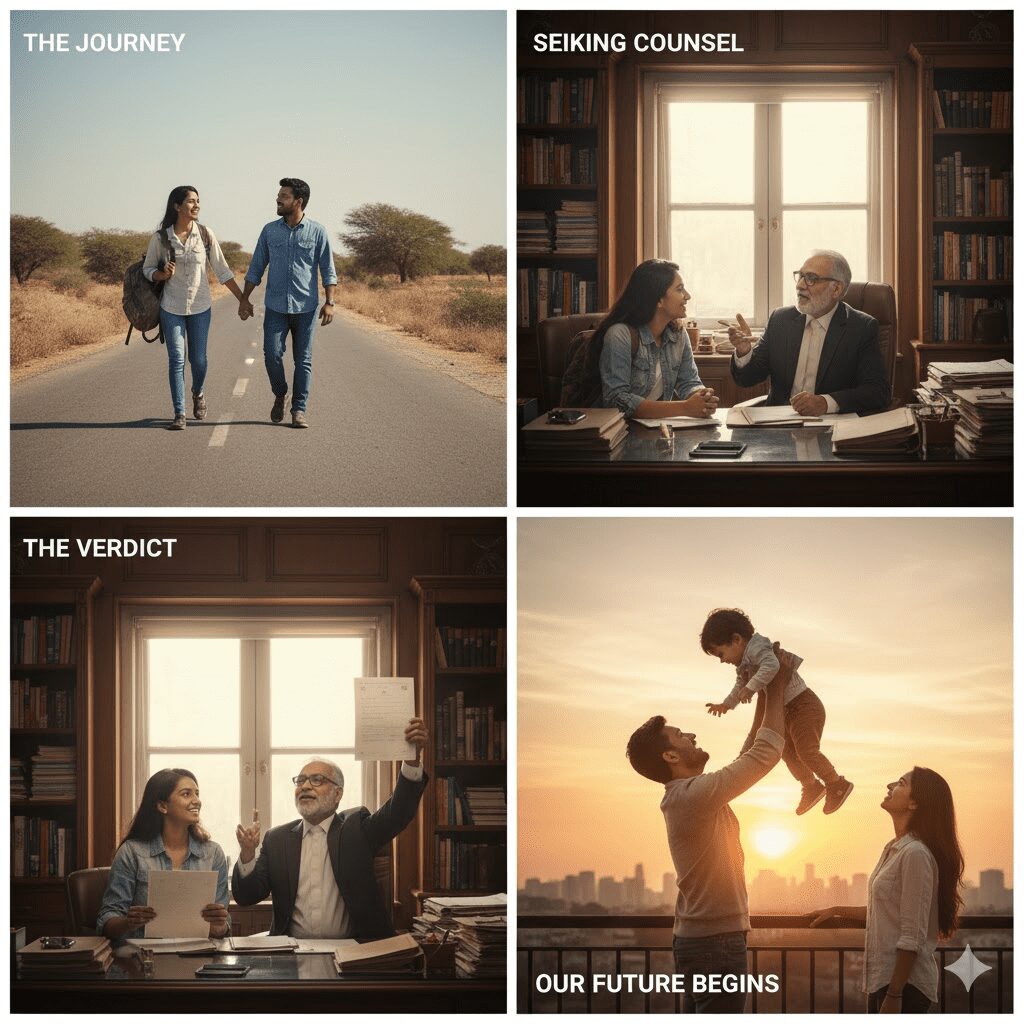 A composite image illustrating the journey of a runaway couple in India. The scenes depict: 1. The couple walking down a rural road under harsh sun, symbolizing their initial struggle. 2. The couple sitting determinedly with their lawyer in a law chamber, seeking legal recourse. 3. The couple holding their young child, looking at each other with love, representing their secured, growing family. 4. The final scene showing the couple happily settled in a comfortable home, signifying stability and a safe future