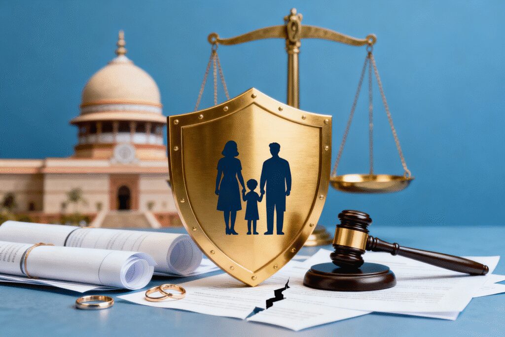 Golden shield of justice protecting family silhouette with Supreme Court scales, legal documents and gavel, representing anticipatory bail defense in matrimonial cases