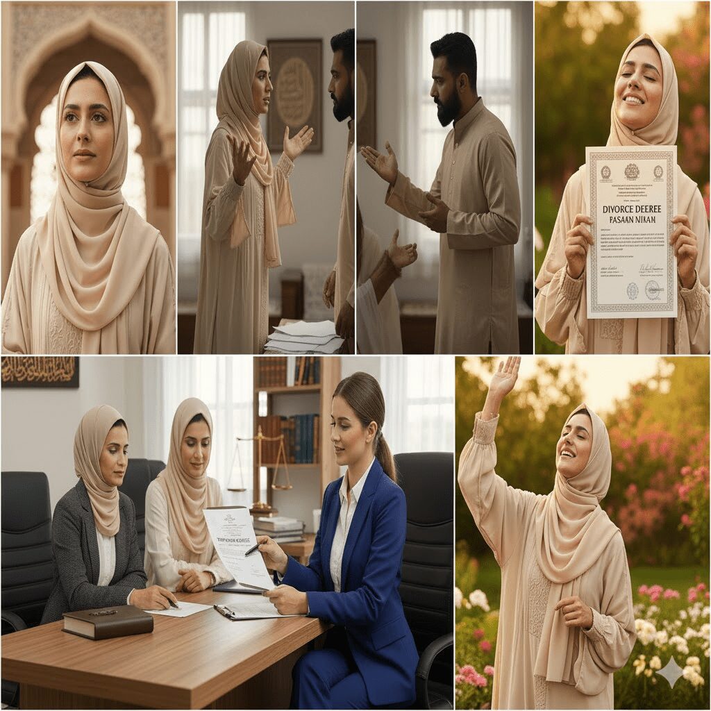Most beautiful Muslim lady. Lady seeking divorce from husband. Qazi and the lady. Advocate and that girl. Divorce paper and happiness of that lady (first instance of this description, top right panel).Divorce paper and happiness of that lady (second instance of this description, bottom right panel).
