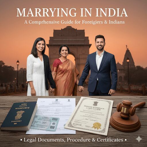 A close-up, real-feel photograph of a diverse couple (one Indian and one foreigner) in formal attire smiling and holding official documents or a marriage certificate. The image emphasizes the legal and procedural aspects of marriage for foreigners and Indians in India.