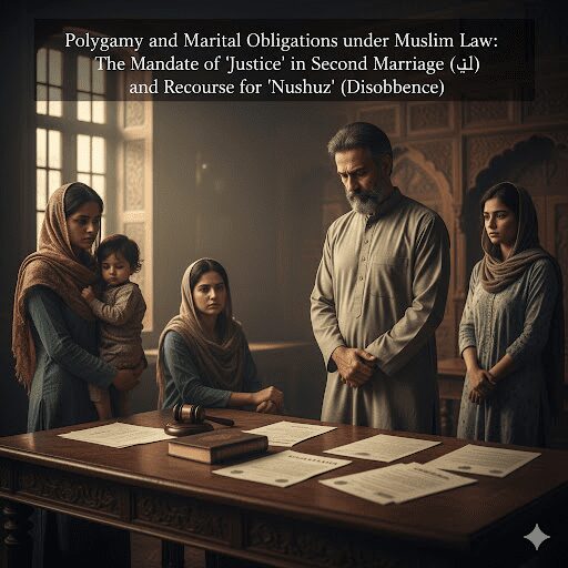 Real-feel image illustrating the complex dynamics of Polygamy and the mandate of justice (Adl) in Muslim marriage law. The visual represents the delicate balance required of a husband regarding his wives' rights and welfare, reflecting the legal framework on multiple marriages and marital obedience.