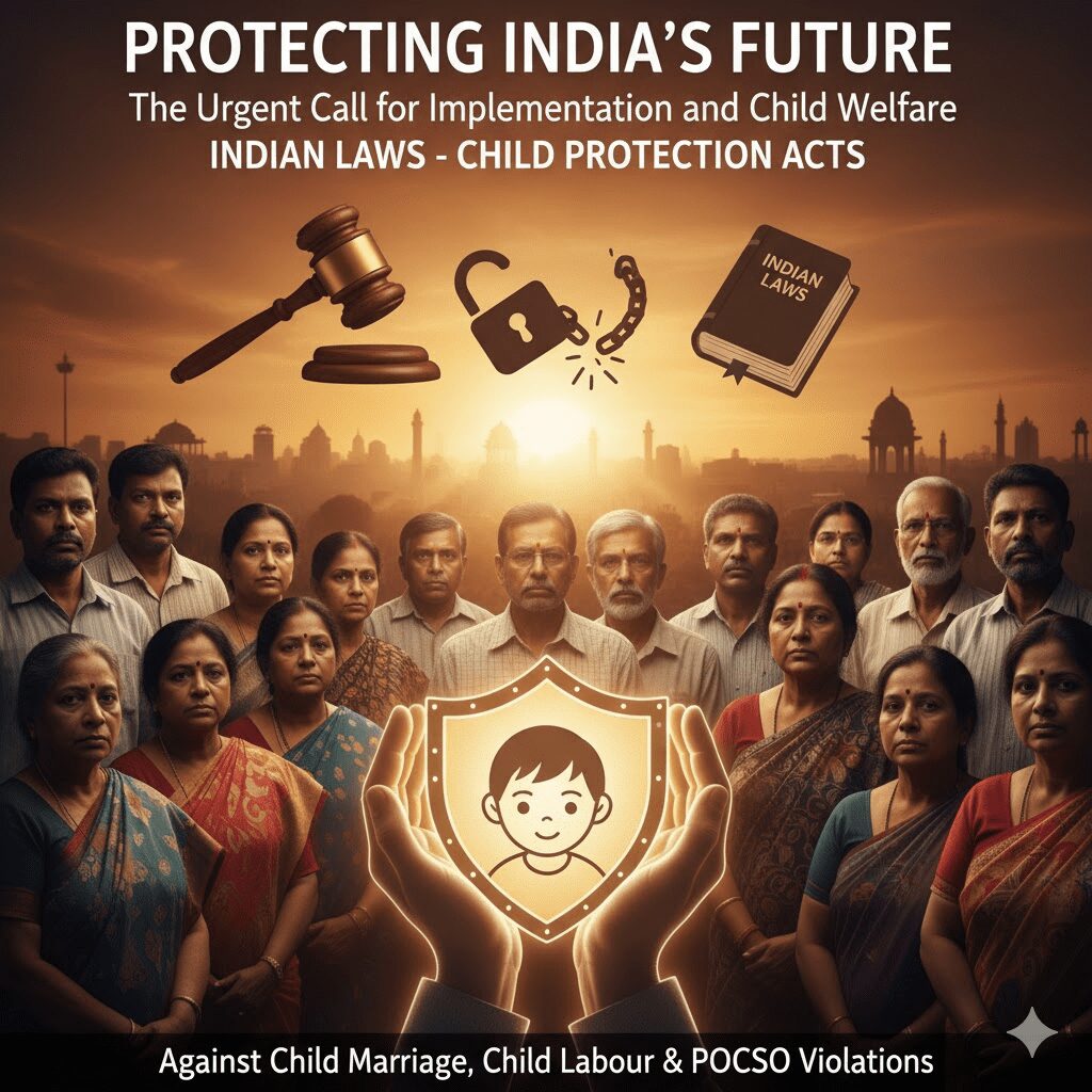 A symbolic image featuring a protective shield encompassing a child silhouette, backed by the Indian National Emblem (Ashoka Chakra). The image highlights the urgent need for implementing laws against Child Marriage, Child Labour, and POCSO Violations to safeguard India's future and child welfare.