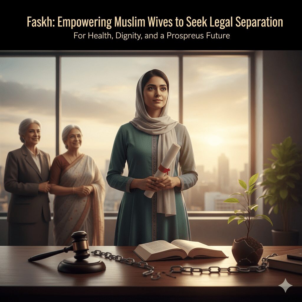 A symbolic image of a Muslim woman stepping confidently onto a path toward a bright future, leaving behind a silhouette of marital strife. The image prominently features a gavel or legal scrolls, representing Faskh as the legal tool empowering Muslim wives to seek judicial separation for dignity and welfare.