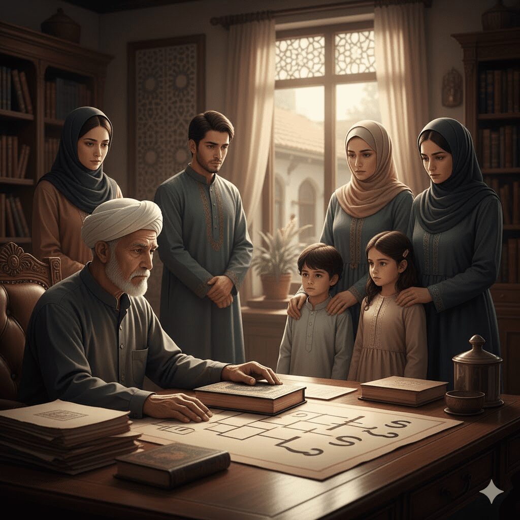 Symbolic image depicting a legal document, scales of justice, and a family or court setting, representing Muslim property division, inheritance, and the rights of grandchildren and multiple wives.