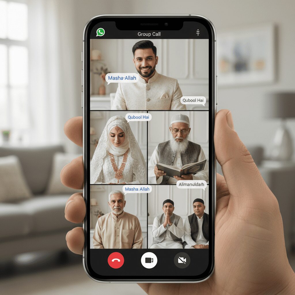 A vertical 9:16 smartphone screen displaying a WhatsApp group video call for an online Nikah. The screen features a grid of video feeds: 1. A Muslim Groom. 2. A Muslim Bride in modest bridal attire. 3. An elderly Qazi reading a register. 4. Two male witnesses sitting together. 5. The Bride's Wali (Guardian), a dignified older man. Floating chat bubbles overlay the video feeds with text like 'Qubool Hai'. Realistic interface with video call icons. High quality, photorealistic.