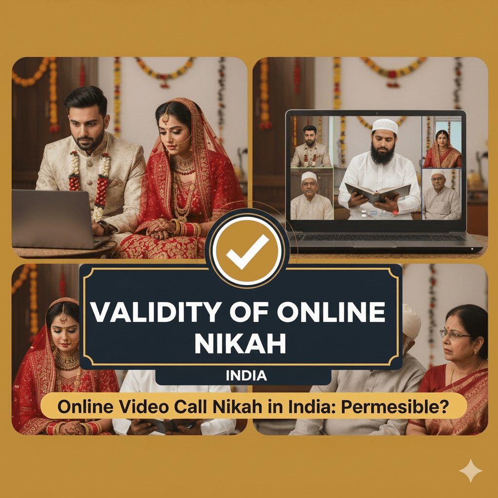 mage collage illustrating the validity of online video call Nikah in India. The top panels show a traditionally dressed bride and groom in front of a laptop, and a Maulana (cleric) conducting the Nikah ceremony via a laptop screen. The bottom panel includes family members. The overlay text reads: 'VALIDITY OF ONLINE NIKAH INDIA' with the question 'Online Video Call Nikah in India: Permissible?