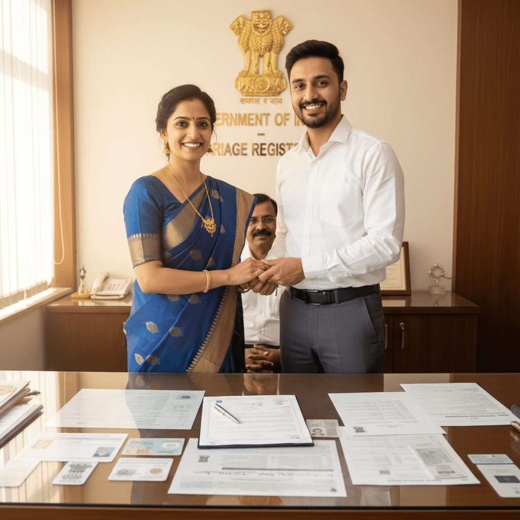A professional and culturally sensitive image showing an Indian couple in their late twenties standing together in a formal marriage registration office setting. The couple should appear confident and happy - the woman wearing a elegant kurta or professional saree, and the man in formal shirt and trousers. In the foreground, show official documents on a desk including marriage application forms, identity cards, address proofs, and photographs. Include symbolic elements like a marriage certificate being signed, a pen on official papers, and subtle legal symbols. The background shows a clean government office interior with the Indian national emblem visible on the wall. The lighting is warm and professional, creating a trustworthy atmosphere. The composition should convey the transformation from live-in relationship to legal marriage, combining traditional values with modern legal processes. Make it look authentic and relatable for Indian couples seeking court marriage registration.