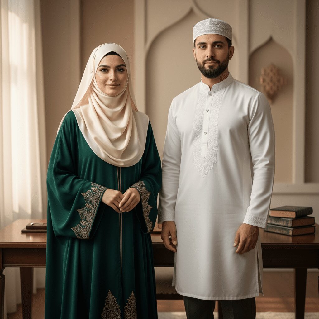 A professional and dignified photograph showing a Muslim couple in complete traditional Islamic attire. The woman wears a beautiful, elegant hijab and modest abaya in rich fabric, while the man wears traditional Islamic clothing including a kurta and cap. They are positioned in a respectful manner suggesting a formal or legal context, with warm natural lighting that conveys professionalism and cultural authenticity. The setting appears professional yet culturally appropriate, possibly in an indoor space with neutral tones. Both individuals have serene, dignified expressions. The composition should feel authentic for use in legal educational content about Muslim marriage and family law.