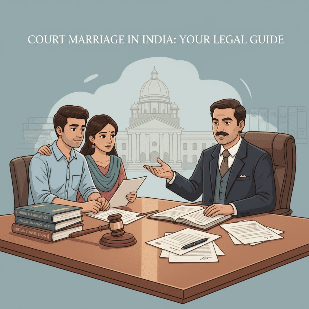 A professional legal awareness illustration for Indian court marriage. The scene shows a concerned young Indian couple sitting across from a confident lawyer in formal attire at a clean, organized office desk. Behind them is a subtle background showing a traditional courthouse building and scattered papers with legal documents. The lawyer is gesturing in an explanatory manner while the couple listens attentively. On the desk are visible elements like a gavel, legal books with titles visible, and official-looking documents. The color palette is professional with muted blues, warm browns, and soft lighting that conveys trust and clarity. The overall mood is serious yet reassuring, emphasizing legal guidance and protection. The composition is horizontal 16:9 format suitable for a blog post header