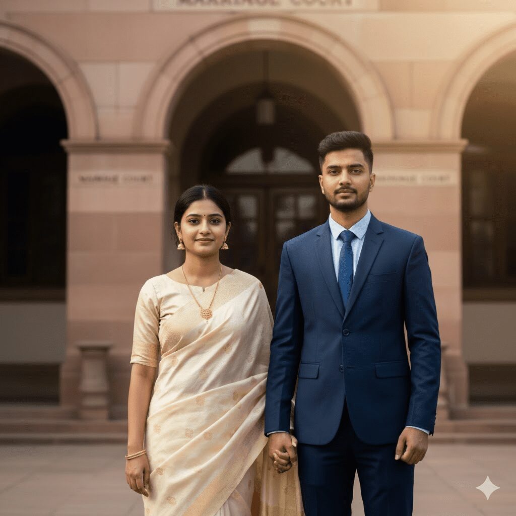 A professional and beautiful portrait of a young Indian couple standing together confidently. The woman is 18 years old with a warm, optimistic expression, wearing elegant traditional or semi-traditional attire. The man is 21 years old, standing beside her supportively, dressed in smart formal wear. They are positioned in front of a courthouse or legal office setting with subtle architectural elements visible in the background. The lighting is natural and warm, conveying hope and new beginnings. The composition shows them as equal partners, looking forward to their future together. The overall mood is dignified, optimistic, and legally appropriate for court marriage context. Shot in a respectful, documentary-style aesthetic that emphasizes their maturity and readiness for marriage.