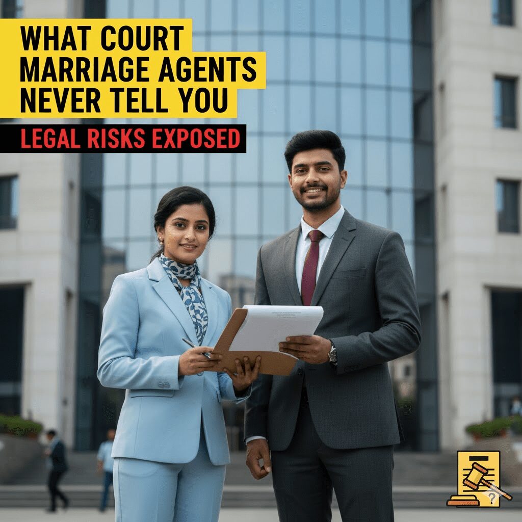Professional portrait of a young Indian couple, the woman in a cream saree and the man in a blue suit, standing confidently outside a Marriage Court/legal office.