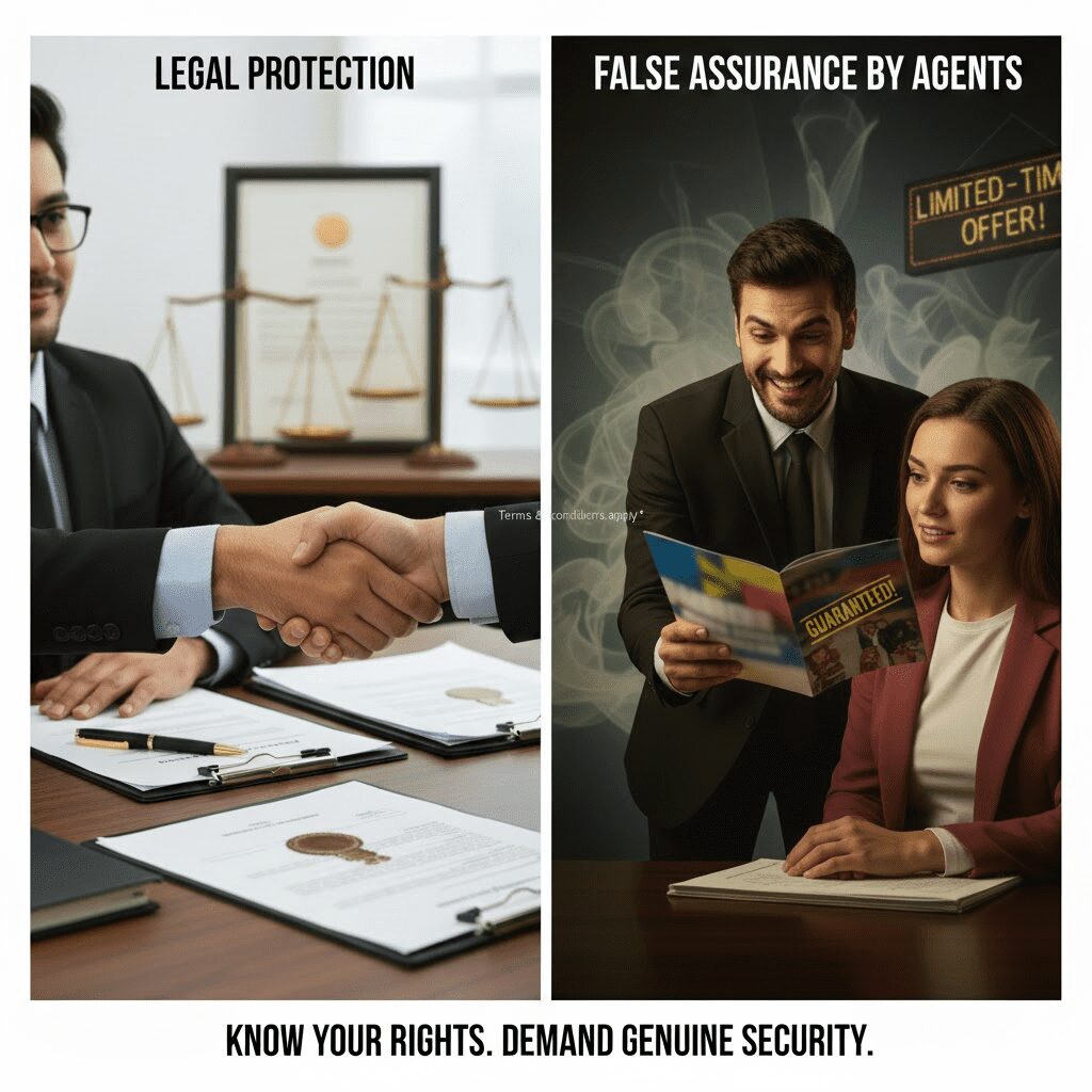 Shows a professional handshake between a man in a suit and another person over a desk with legal documents and a scale of justice in the background. This represents genuine security and legal binding.