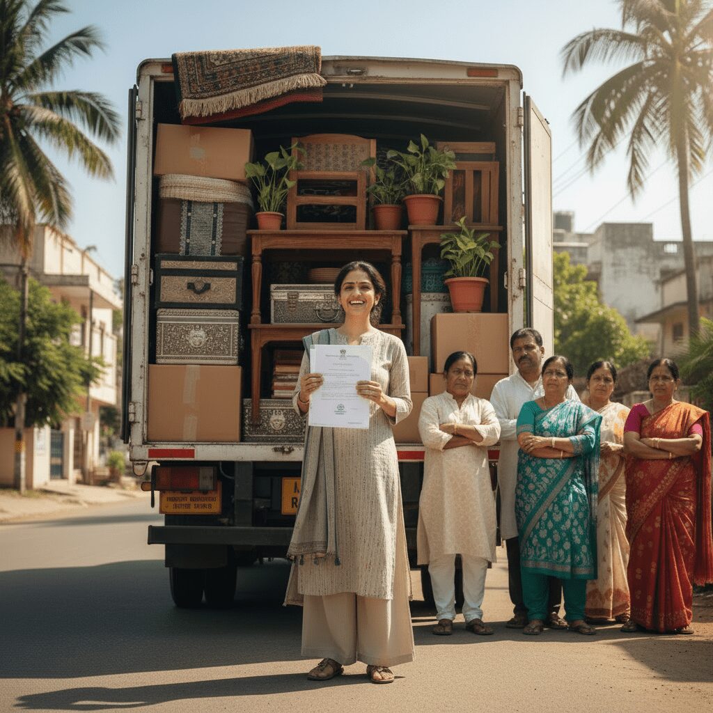 A realistic image of an Indian woman standing confidently in the foreground, holding a court order with a happy smile, next to a truck loaded with furniture and household items. In the background, a group of unhappy in-laws and neighbors are watching with sad and disappointed expressions, realizing they have lost. The scene is outdoors on a street in India during the day. Professional photography style, clear contrast between the woman's joy and the background group's sadness.