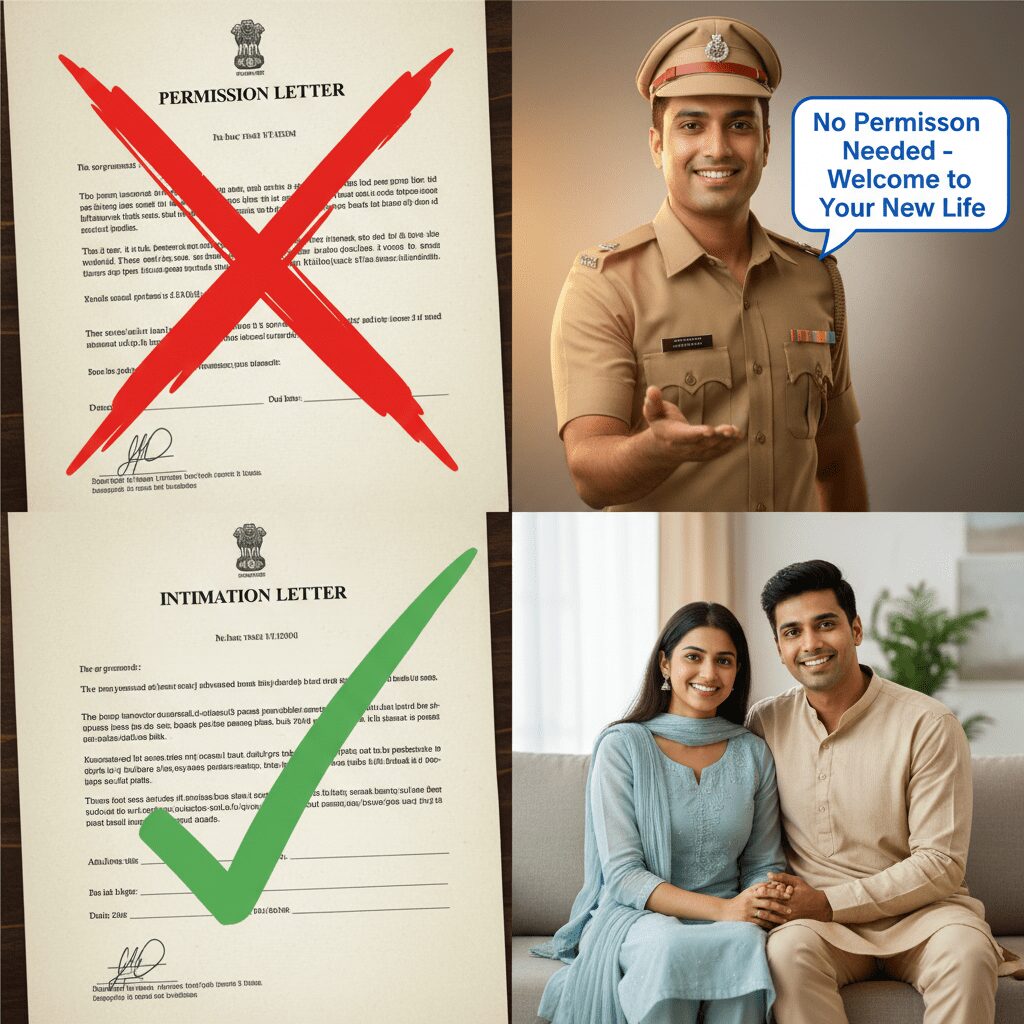 A four-panel realistic illustration for a legal blog post about court marriage and police procedures in India. Panel 1: A close-up of a document labeled "Permission Letter" with a large red X mark or cross over it, showing it is not required. The document should look official with text lines visible. Panel 2: A supportive police officer in Indian police uniform with a welcoming gesture, with text overlay or speech bubble saying "No Permission Needed - Welcome to Your New Life", warm and friendly lighting. Panel 3: A close-up of a document labeled "Intimation Letter" with a green checkmark or tick mark, showing this is the correct optional approach. The document should look like a formal notification letter. Panel 4: A happy, relaxed young Indian couple sitting together peacefully, dressed in semi-formal Indian attire, smiling naturally and looking content after their court marriage. Use realistic photographic style with natural lighting and authentic human features throughout. Arrange in a 2x2 grid format suitable for a blog post header.