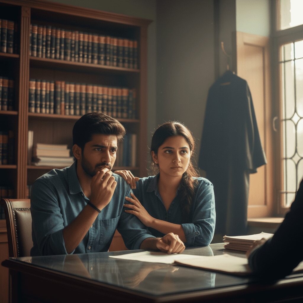 A hyper-realistic, cinematic photograph of a young Indian couple sitting in an advocate's chamber in Delhi. The boy looks youthful (around 20) and anxious, the girl (18+) looks supportive but serious. They are consulting across a desk (desk not fully visible, just implied context). Background shows blurred shelves of law books and a glimpse of a court coat. Natural window lighting, high resolution, 4k, shot on a 85mm lens, depth of field, genuine emotional expressions of concern and hope. No text, no cartoons, pure photography style. Photorealistic image of a young Indian couple in a legal consultation setting.