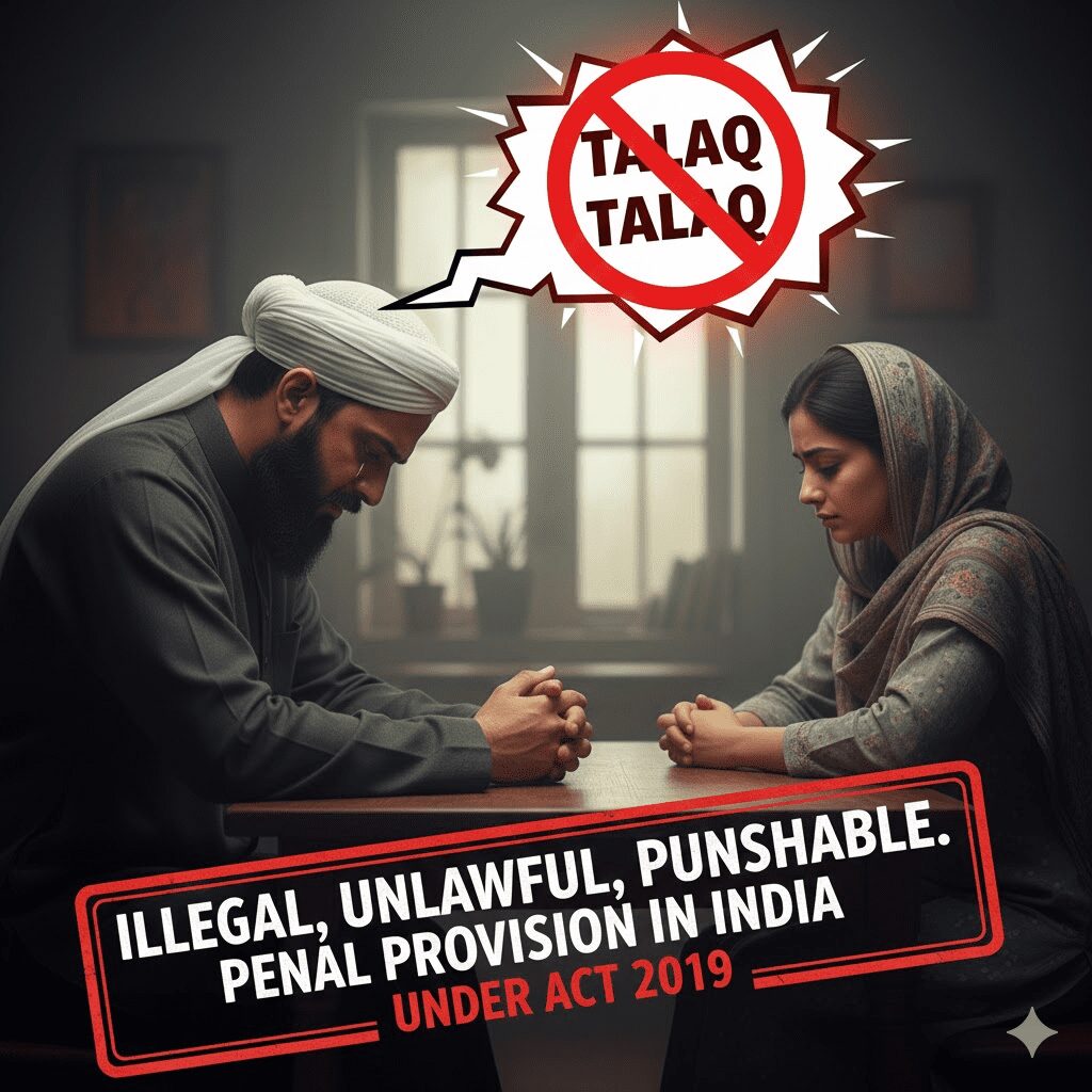 "Photorealistic vertical image (9:16 aspect ratio). A Muslim man shouting in anger, gesturing forcefully as if pronouncing divorce. A speech bubble coming from him contains the word 'TALAQ' written three times. Overlaid on the speech bubble is a large, glowing red prohibition sign (circle with a slash) indicating it is wrong. In the foreground, a bold legal warning stamp reads 'ILLEGAL & PUNISHABLE UNDER ACT 2019'. The lighting is dramatic and serious, emphasizing the legal consequence. High quality, 8k resolution."