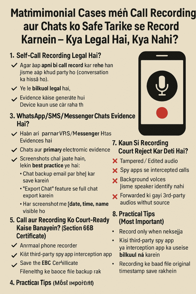 "A 2D informational graphic in Roman Hindi explaining the legality of call recording and chat evidence in matrimonial cases. The poster includes sections on self-call recording, WhatsApp/SMS chat admissibility, Section 65B certificate requirements, types of recordings courts reject, and practical tips. Visual elements include check marks, cross marks, and an illustration of a smartphone with a microphone icon."