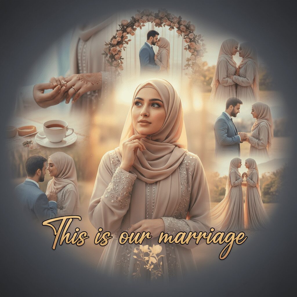 A Muslim girl in traditional attire looking thoughtful and wondering, surrounded by soft romantic scenes showing couple moments and marriage imagery, with text overlay saying "This is our marriage", warm and emotional atmosphere, gentle lighting