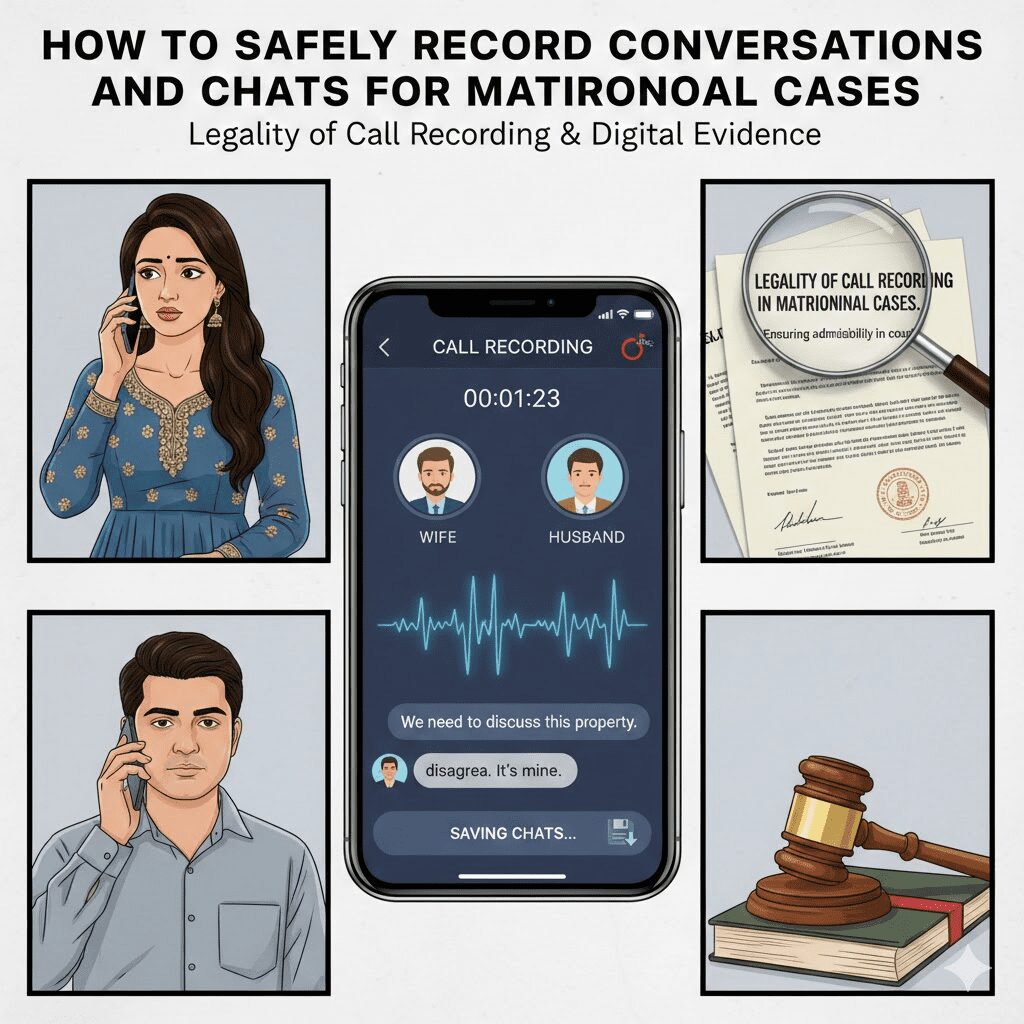 Multiple panel illustration showing: a beautiful woman in Indian attire talking on mobile phone, an ordinary man on another phone, a smartphone screen displaying call recording interface with recording indicator, chat messages being saved, audio waveforms showing recorded conversation, legal documentation elements, professional and informative style, clear visual narrative about call recording process