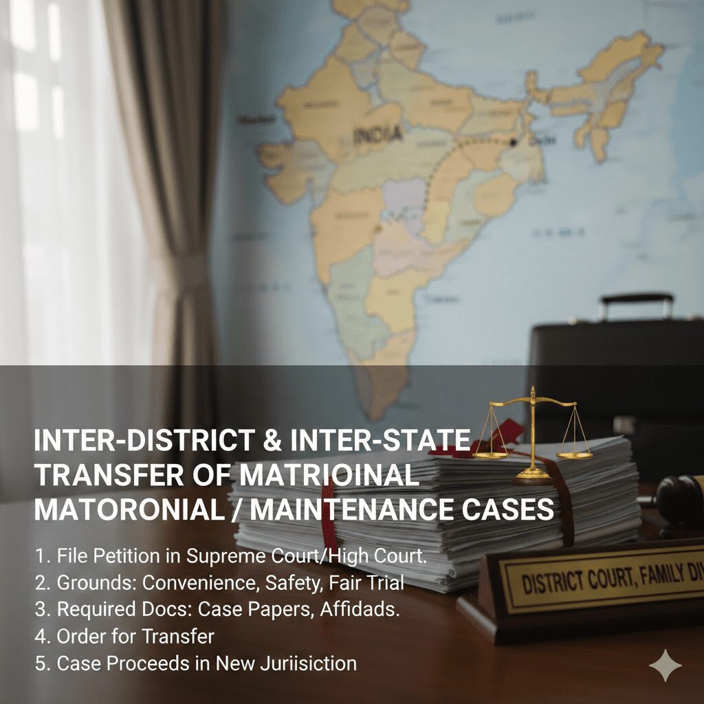 In the background of a map of India, a stack of case papers and the scales of justice (dharma chakra) are placed on a court desk with a nameplate reading 'DISTRICT COURT, FAMILY DIVISION'. The image has an overlay text: 'INTER-DISTRICT & INTER-STATE TRANSFER OF MATRIMONIAL / MAINTENANCE CASES' and lists 5 steps of the procedure.