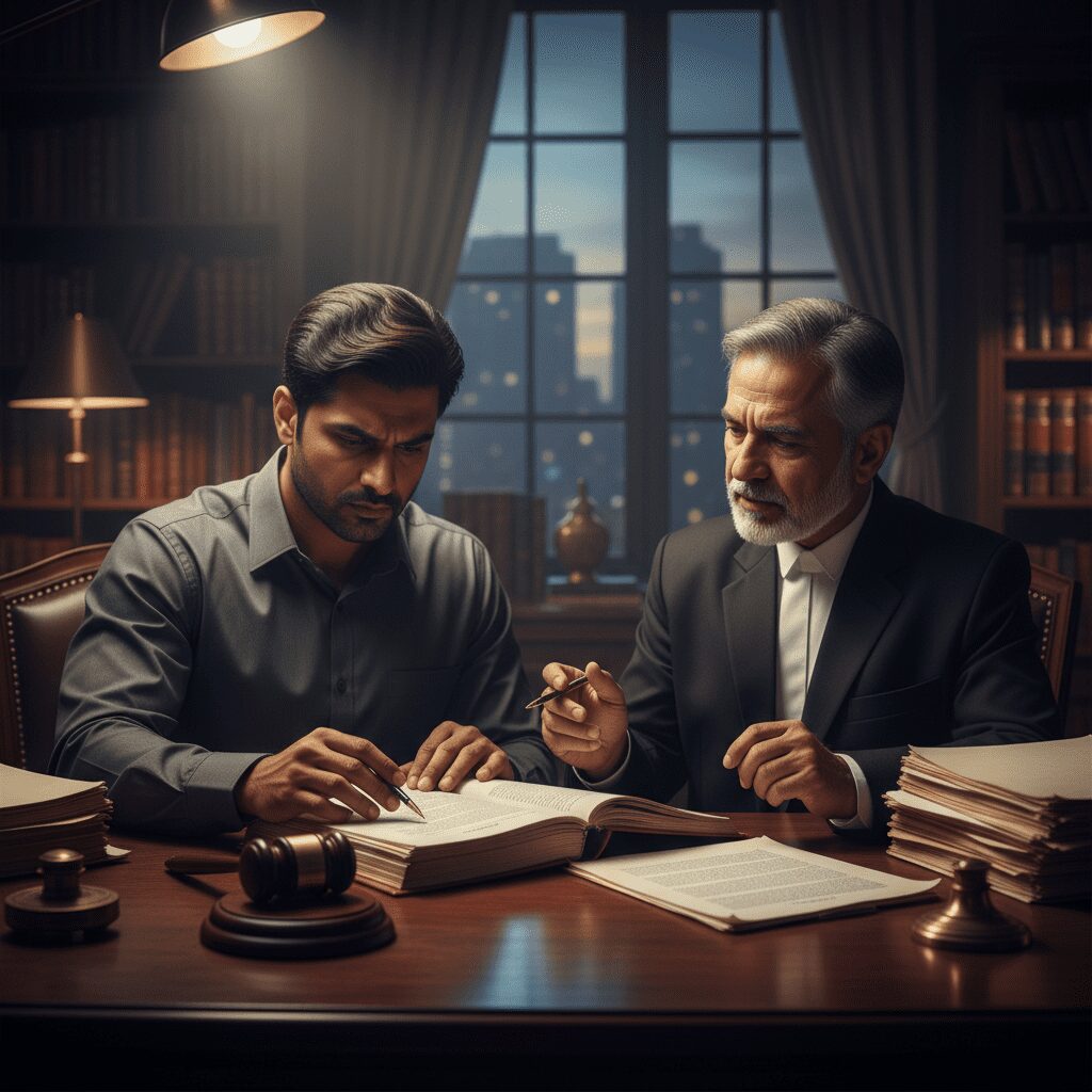 A realistic, vertical 9:16 image for a professional legal post. A serious Indian man in a formal shirt sitting in a lawyer's chamber, looking determined while reviewing a legal file with his advocate. The desk has a wooden gavel and a stack of papers. The lighting is dramatic but professional, highlighting the concept of 'Defense Against False Accusations'. No text on the image. High quality, cinematic style.