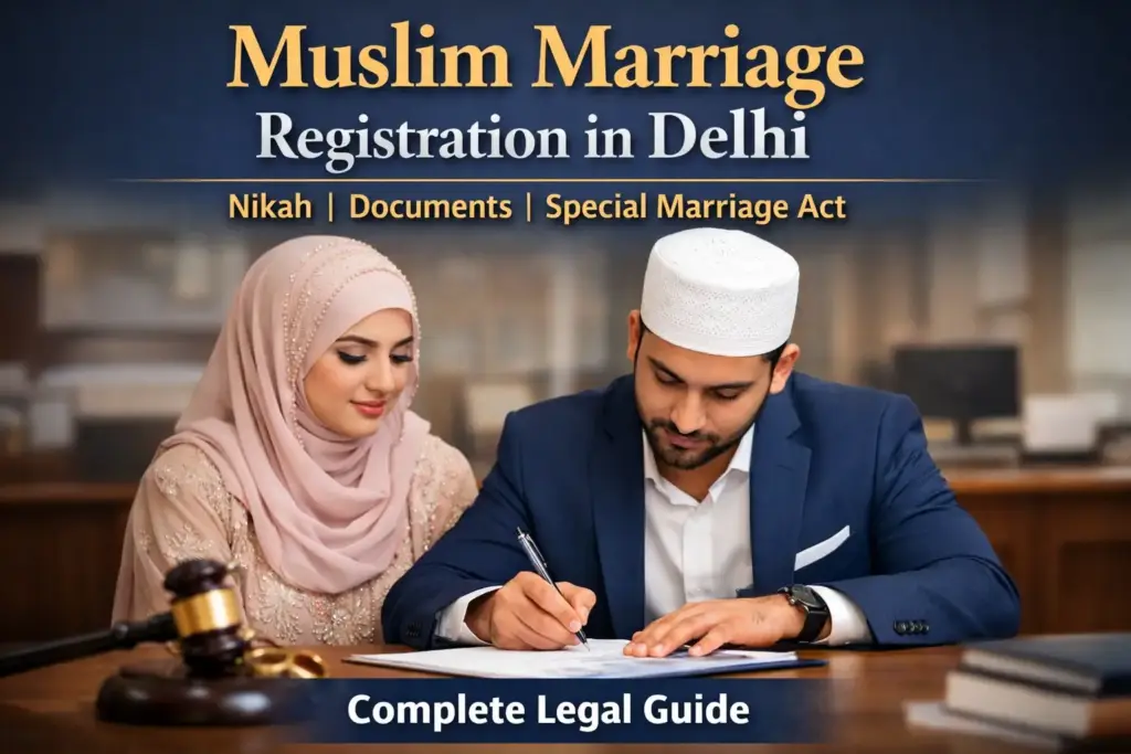 Muslim couple signing marriage registration documents in a Delhi office, with text “Muslim Marriage Registration in Delhi – Complete Legal Guide, Nikah, Documents, Special Marriage Act” displayed above.
